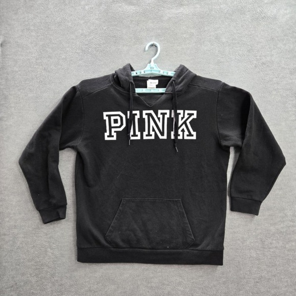 PINK Victoria's Secret Women Hoodie M Black Logo Drawstring Long Sleeve‎ Fleece
